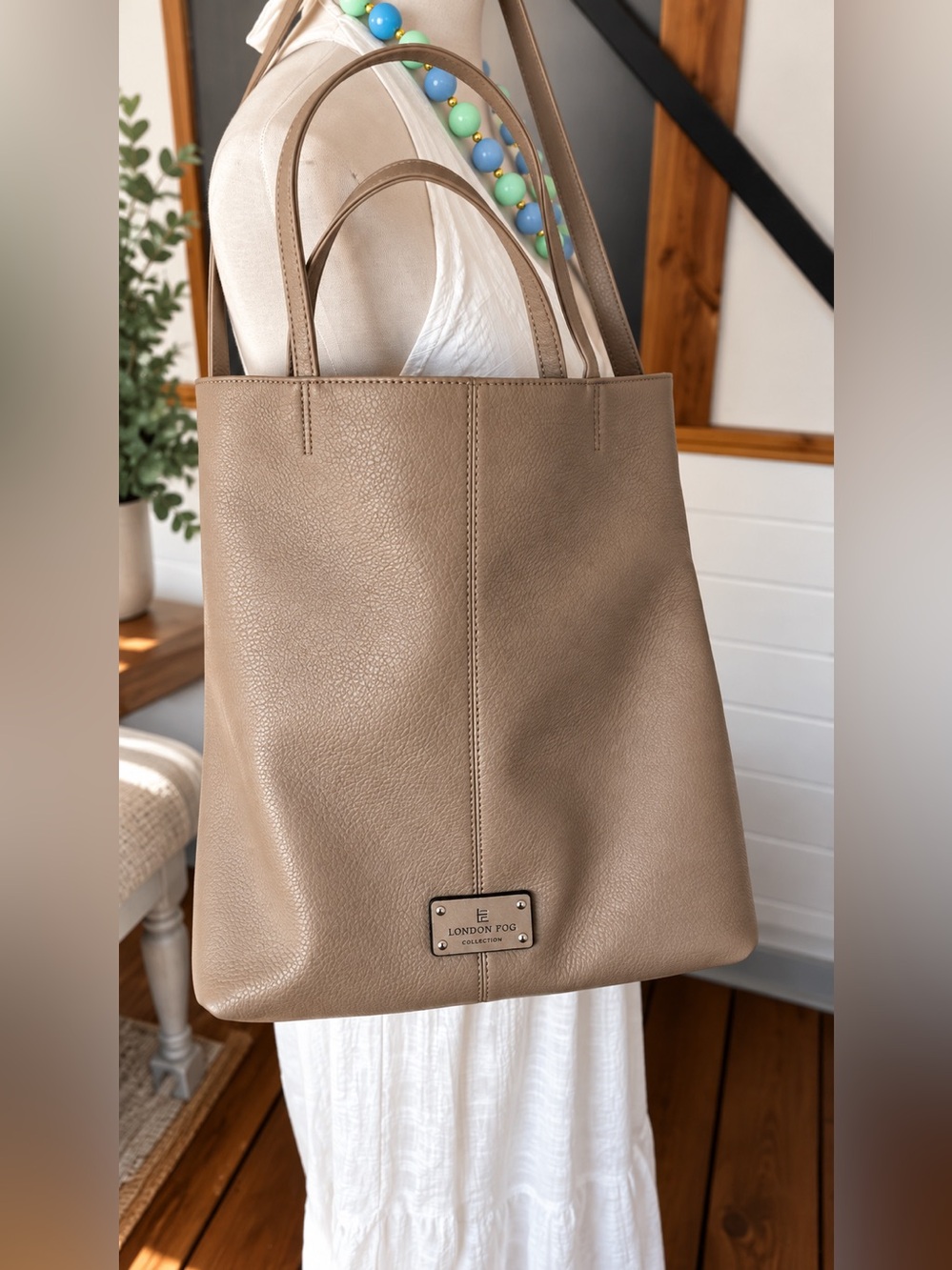 London Fog Collection Taupe Pebbled Large Tote Shoulder Bag Work Travel Purse
